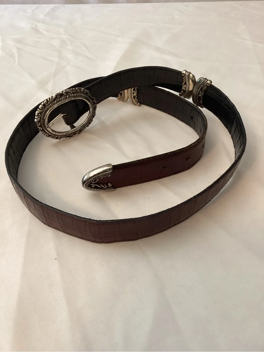 Brighton Reversible Brown/Black Croc-Embossed Leather Belt with Silver Buckle XL